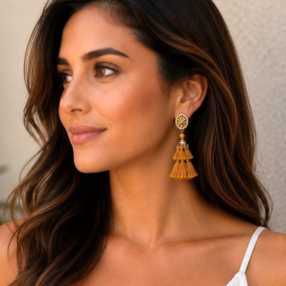 Unbranded‎ Tassel Drop Earrings Womens Mustard Yellow Boho Statement Fringe Stud